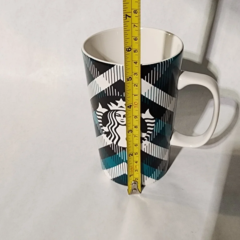 2015 Starbucks Coffee Mug 16 Oz Cup Teal Blue Green Black Plaid - Picture 4 of 4